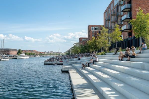 Urbane Uferpromenade mit Stufen