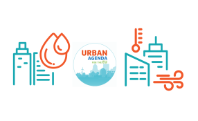 Logo der Urbanen Agenda in der Mitte, links: Illustration zum Thema "wassersensible Stadt", recht: Illustration zum Thema "Dekarbonisierung von Gebäuden"