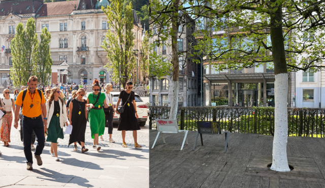 Eine Collage, die eine städtische Touristengruppe auf der linken und einen "Urban Parc" auf der rechten darstellt.