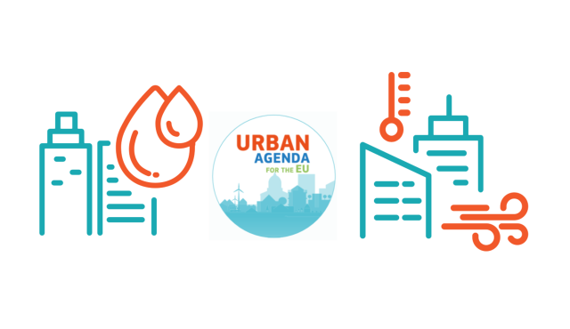 Logo der Urbanen Agenda in der Mitte, links: Illustration zum Thema "wassersensible Stadt", recht: Illustration zum Thema "Dekarbonisierung von Gebäuden"