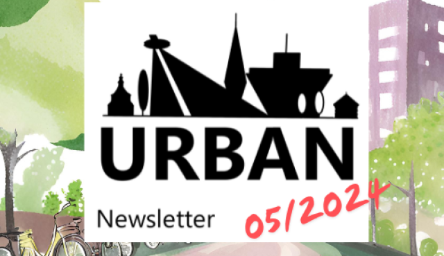 cartoon of urban area with road, block of apartments and cover title of URBAN newsletter