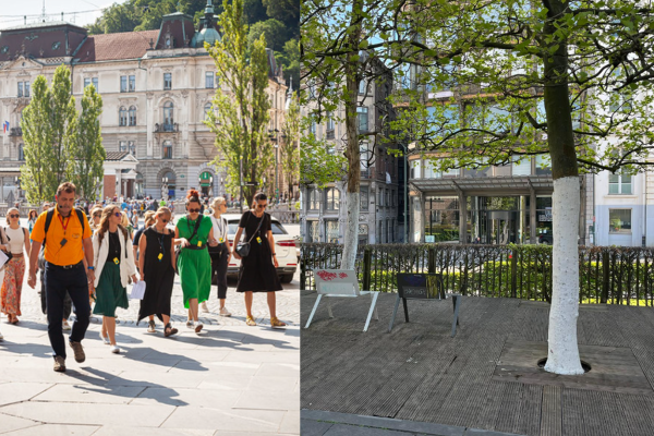 Eine Collage, die eine städtische Touristengruppe auf der linken und einen "Urban Parc" auf der rechten darstellt.