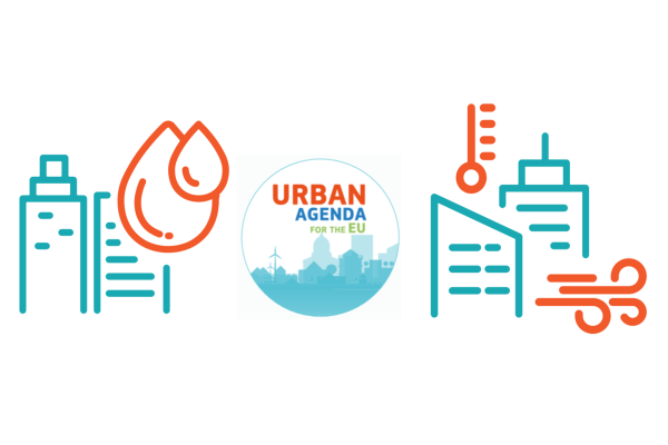 Logo der Urbanen Agenda in der Mitte, links: Illustration zum Thema "wassersensible Stadt", recht: Illustration zum Thema "Dekarbonisierung von Gebäuden"