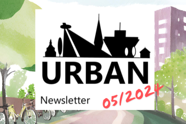 cartoon of urban area with road, block of apartments and cover title of URBAN newsletter